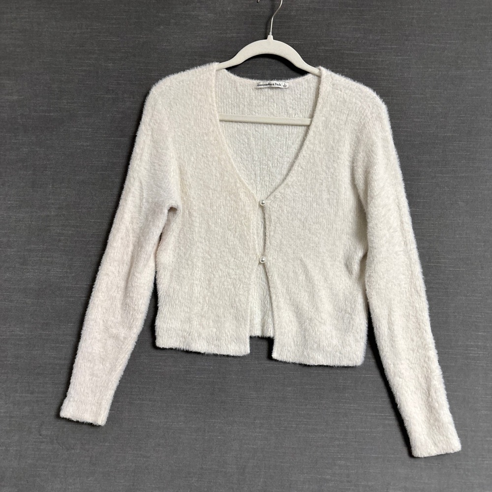 Abercrombie Fitch Cardigan Sweater L Cream Cropped Preppy 90s y2k Retro Fuzzy